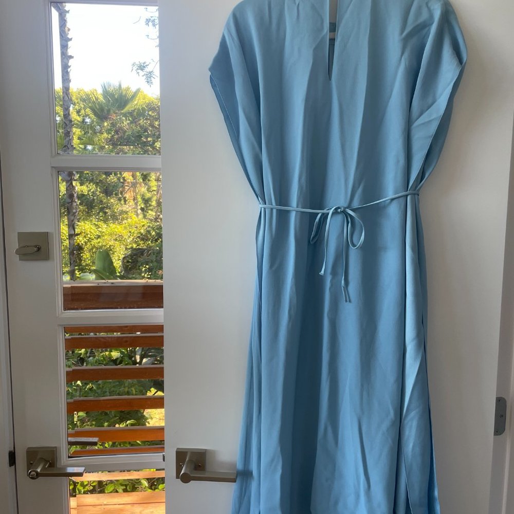 Hugo Boss Dibanty Belted Drape Midi‎ Dress in Pastel Blue, Size 14, NWT - Picture 6 of 11